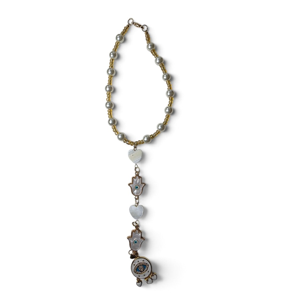Evil Eye Hamsa Hand Car Hanging Ornament Faux Pearl Heart Charm Wall Decor Gold
